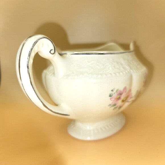Vintage Edwin Knolls Cremelace Porcelain Creamer Pink Flowers Silver Trim sm2010 - Picture 4 of 7